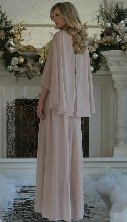 Graceful A-Line V-Neck Cape Sleeves Beaded Champagne Floor-Length Mother of the Bride Gown