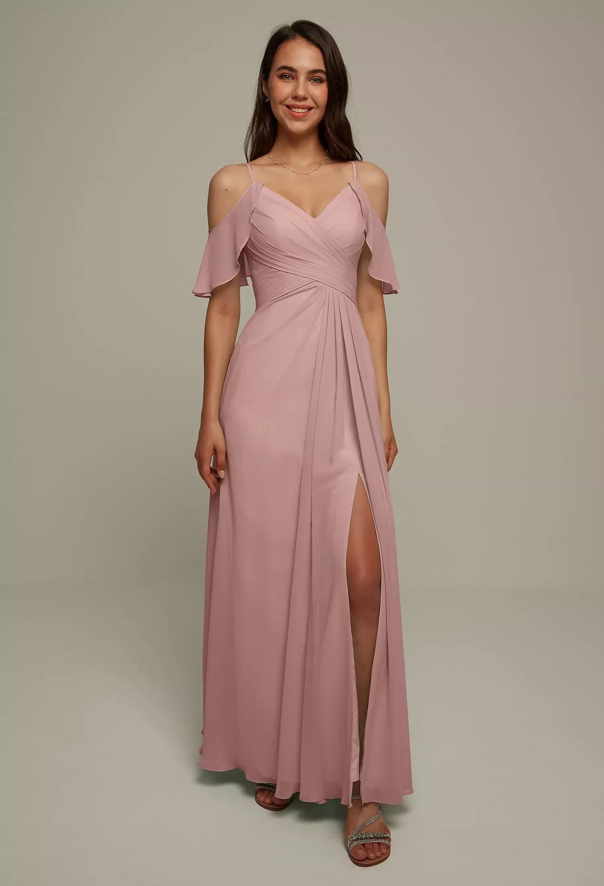 Graceful A-Line V-Neck Cold-Shoulder Pleated Slit Pink Long Bridesmaid Dress