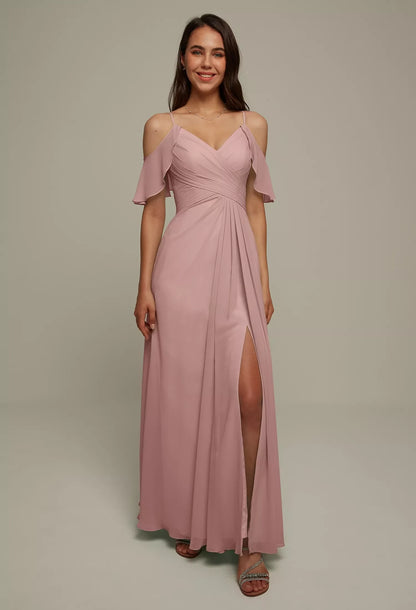 Graceful A-Line V-Neck Cold-Shoulder Pleated Slit Pink Long Bridesmaid Dress