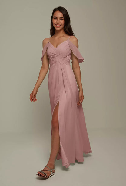 Graceful A-Line V-Neck Cold-Shoulder Pleated Slit Pink Long Bridesmaid Dress