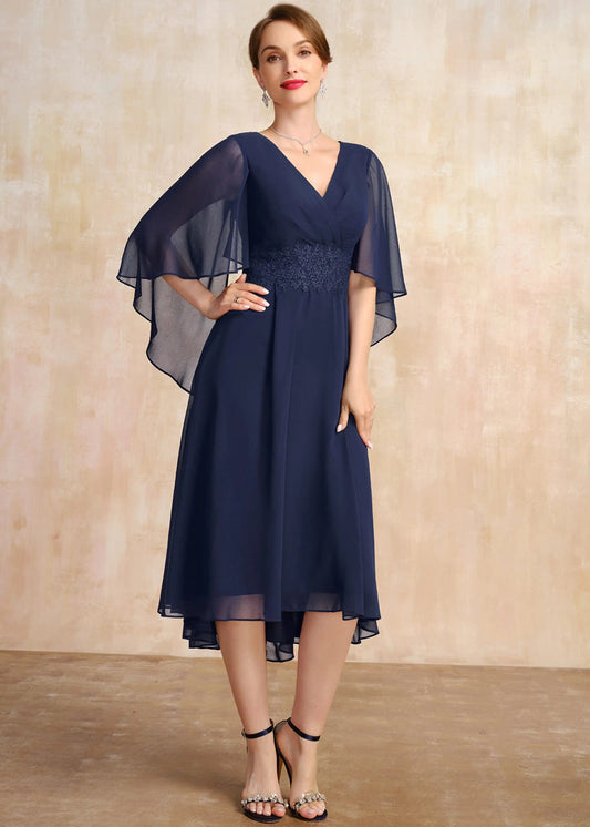 Graceful A-Line V-Neck Flutter Sleeve Embellished Navy Midi Mother of the Bride Dress