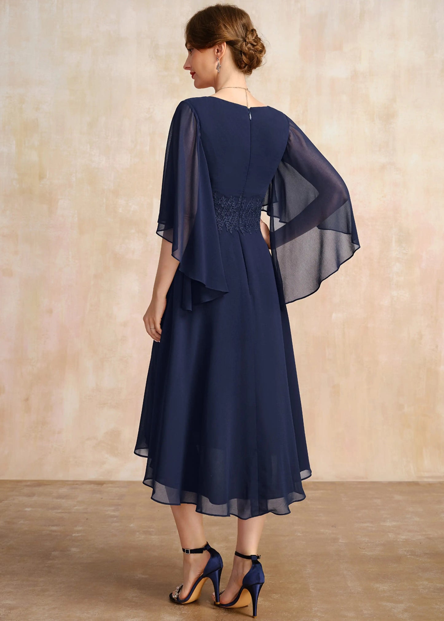 Graceful A-Line V-Neck Flutter Sleeve Embellished Navy Midi Mother of the Bride Dress