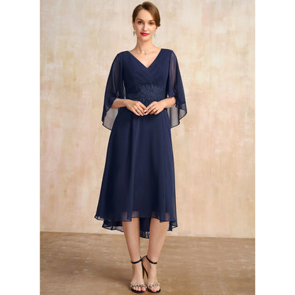 Graceful A-Line V-Neck Flutter Sleeve Embellished Navy Midi Mother of the Bride Dress