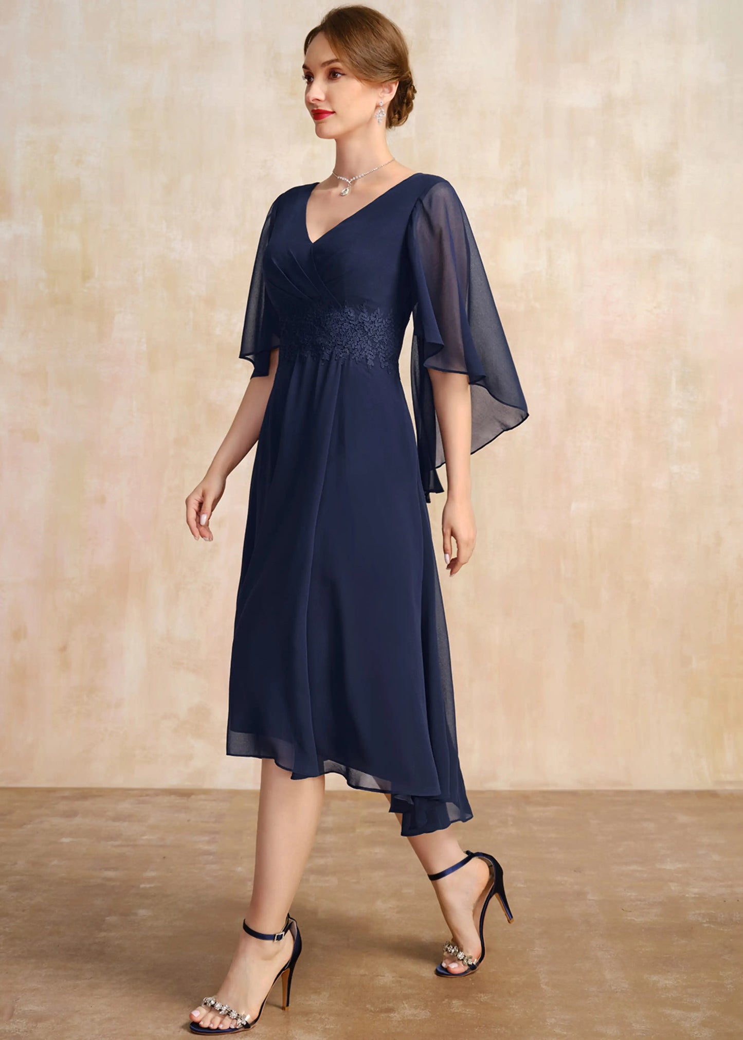 Graceful A-Line V-Neck Flutter Sleeve Embellished Navy Midi Mother of the Bride Dress