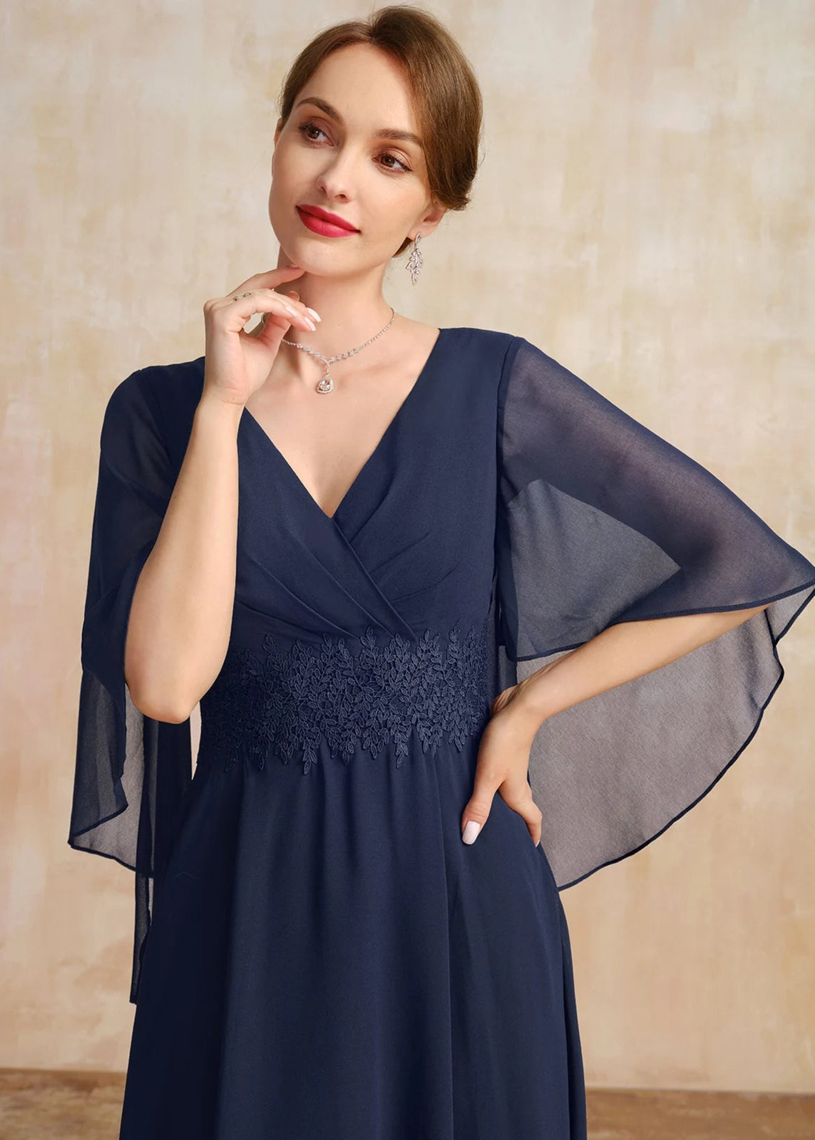Graceful A-Line V-Neck Flutter Sleeve Embellished Navy Midi Mother of the Bride Dress