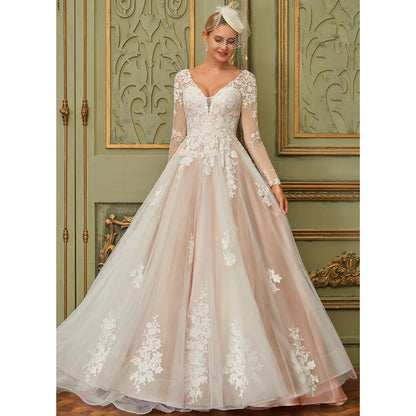 Graceful A-Line V-Neck Long Sleeve Lace Applique Ivory Floor-Length Wedding Gown