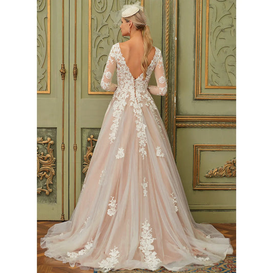 Graceful A-Line V-Neck Long Sleeve Lace Applique Ivory Floor-Length Wedding Gown