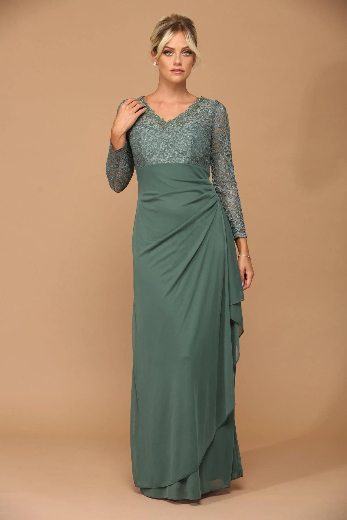 Graceful A-Line V-Neck Long Sleeve Lace Ruched Eucalyptus Green Floor-Length Mother Gown