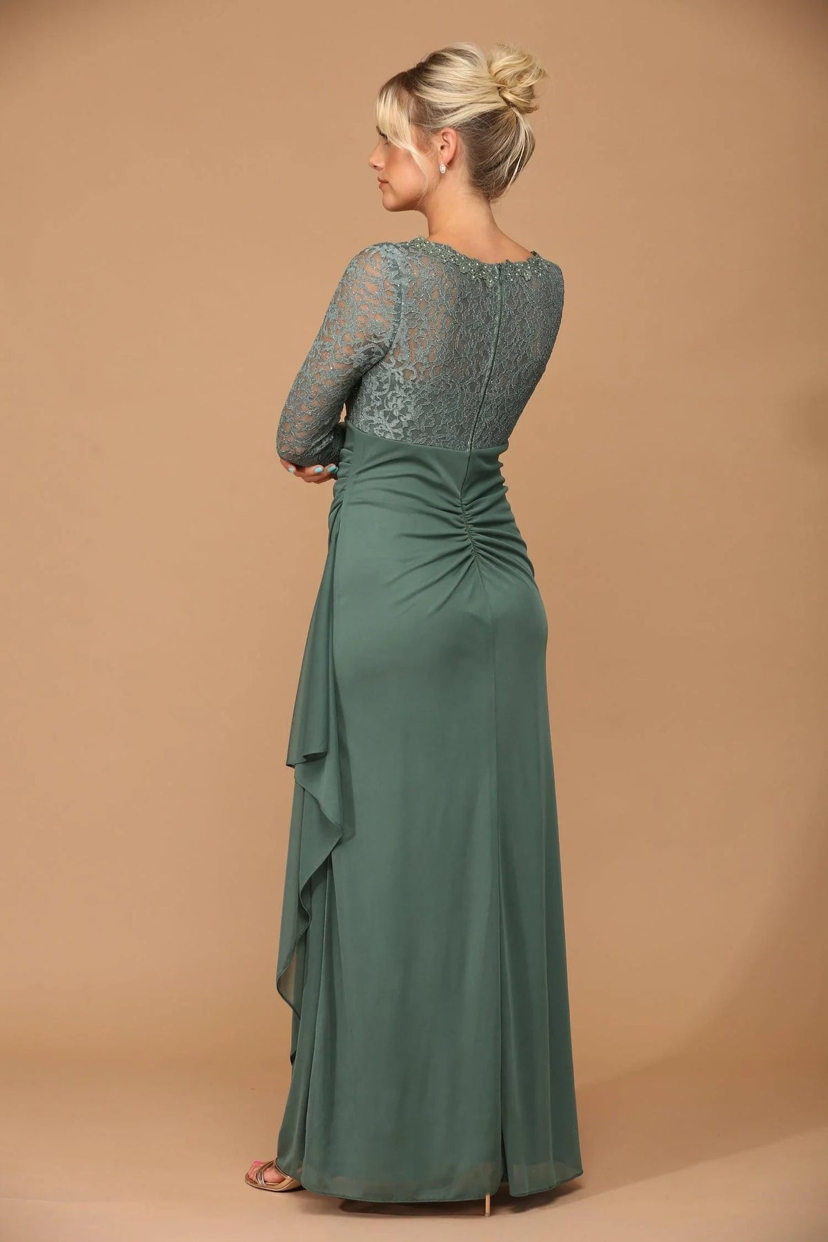 Graceful A-Line V-Neck Long Sleeve Lace Ruched Eucalyptus Green Floor-Length Mother Gown