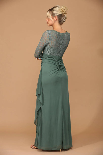 Graceful A-Line V-Neck Long Sleeve Lace Ruched Eucalyptus Green Floor-Length Mother Gown