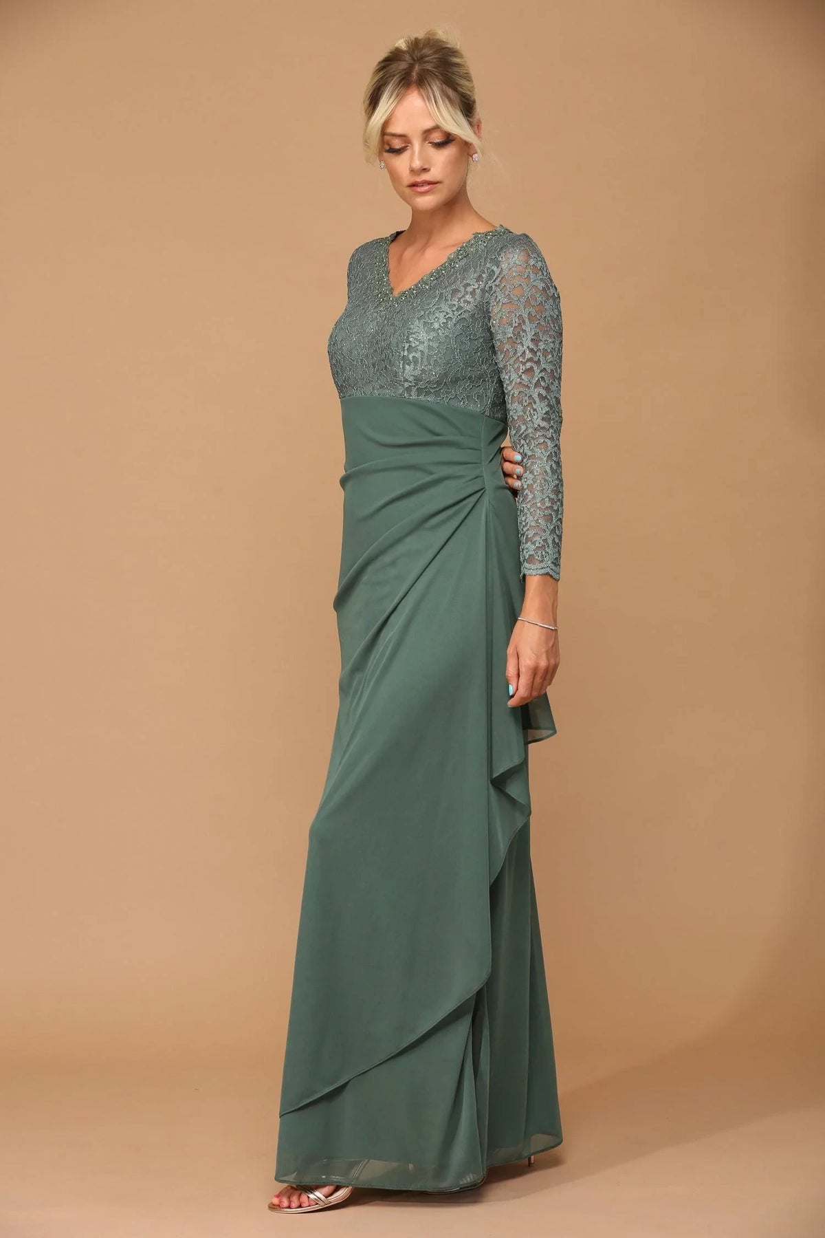 Graceful A-Line V-Neck Long Sleeve Lace Ruched Eucalyptus Green Floor-Length Mother Gown