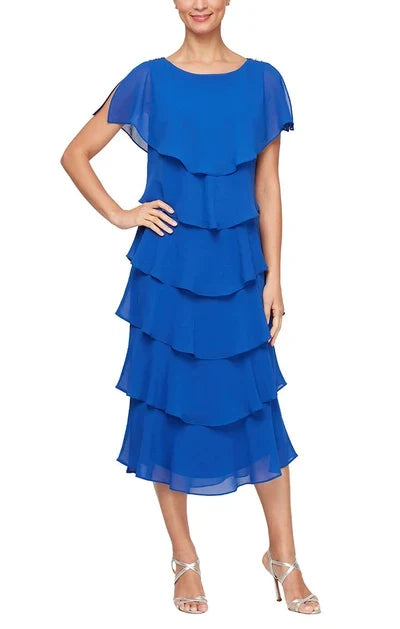 Graceful Layered Cap Sleeve Royal Blue Midi Mother of the Bride Dress