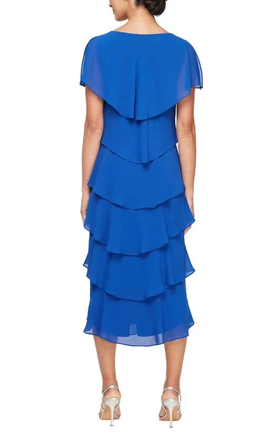 Graceful Layered Cap Sleeve Royal Blue Midi Mother of the Bride Dress