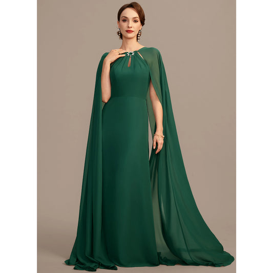 Graceful Sheath Jewel Neck Cape Sleeveless Sophisticated Emerald Green Floor-Length Mother of the Bride Gown