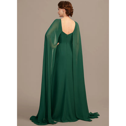Graceful Sheath Jewel Neck Cape Sleeveless Sophisticated Emerald Green Floor-Length Mother of the Bride Gown