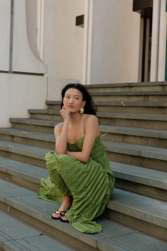 Green Spaghetti Strap Sweetheart Pleated Lace Up Back High Low Prom Dress