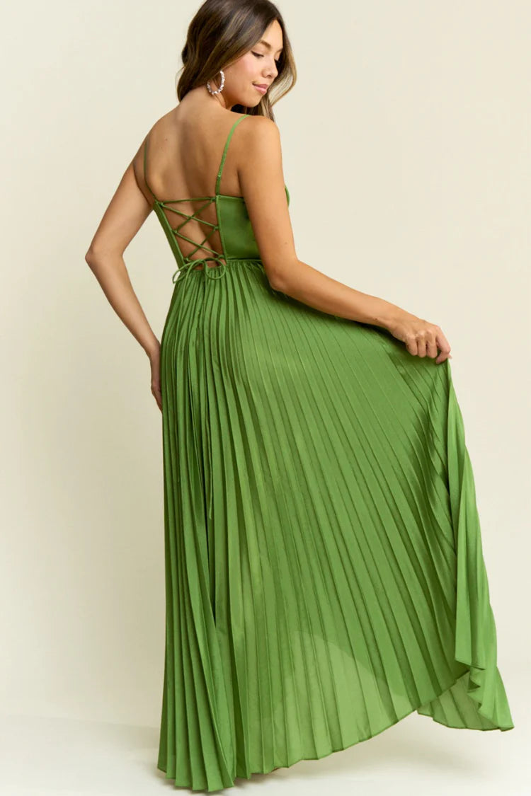 Green Spaghetti Strap Sweetheart Pleated Lace Up Back High Low Prom Dress