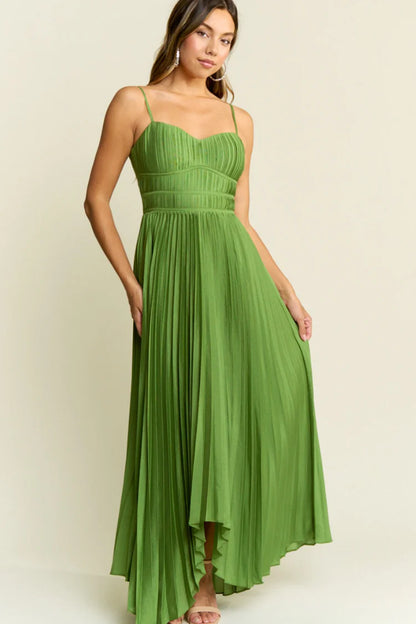 Green Spaghetti Strap Sweetheart Pleated Lace Up Back High Low Prom Dress