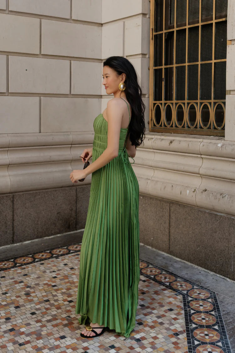Green Spaghetti Strap Sweetheart Pleated Lace Up Back High Low Prom Dress