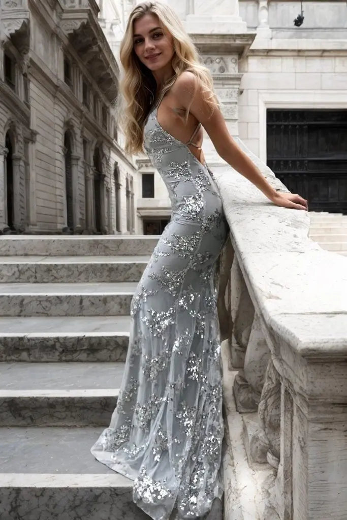 Grey Spaghetti Strap Sequin Mermaid Prom Dress with Lace-Up Back for Formal Events and Prom Nights