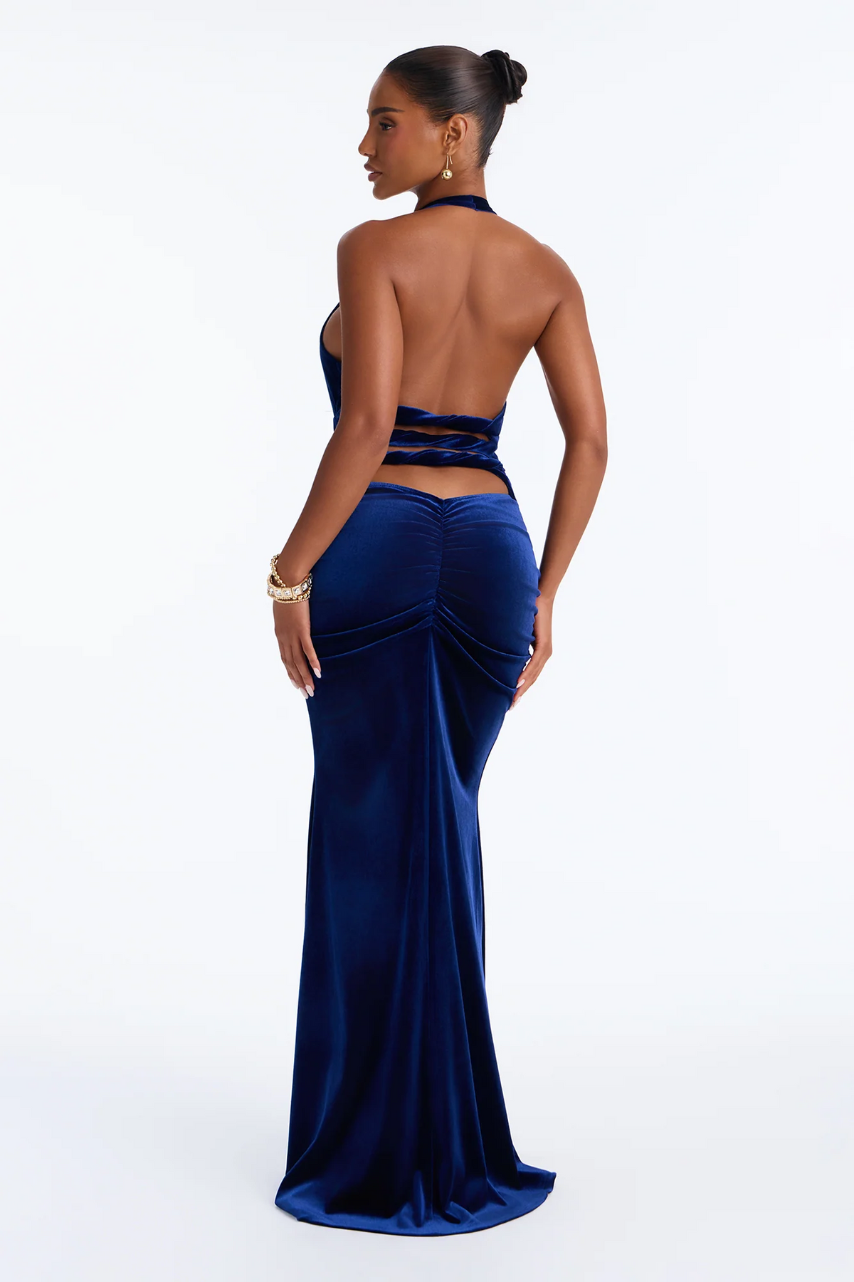 Halter Deep V Ruched Twisted Cutout Back Velvet Mermaid Evening Dress