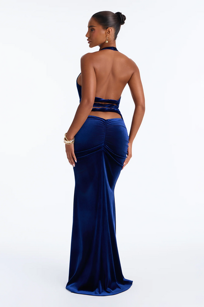 Halter Deep V Ruched Twisted Cutout Back Velvet Mermaid Evening Dress