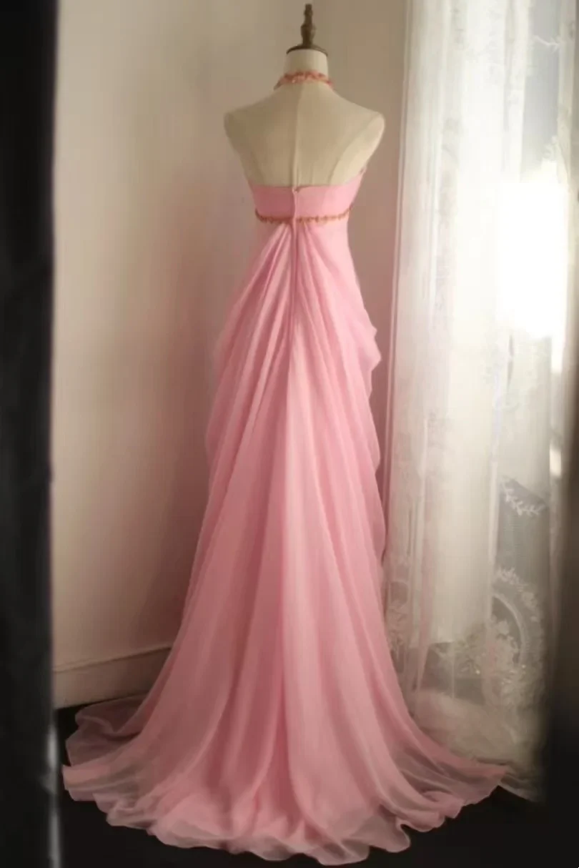 Halter Neck Beaded Chiffon Prom Dress with Draped Skirt, Keyhole Cutout and Train