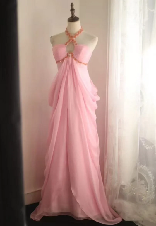 Halter Neck Beaded Chiffon Prom Dress with Draped Skirt, Keyhole Cutout and Train