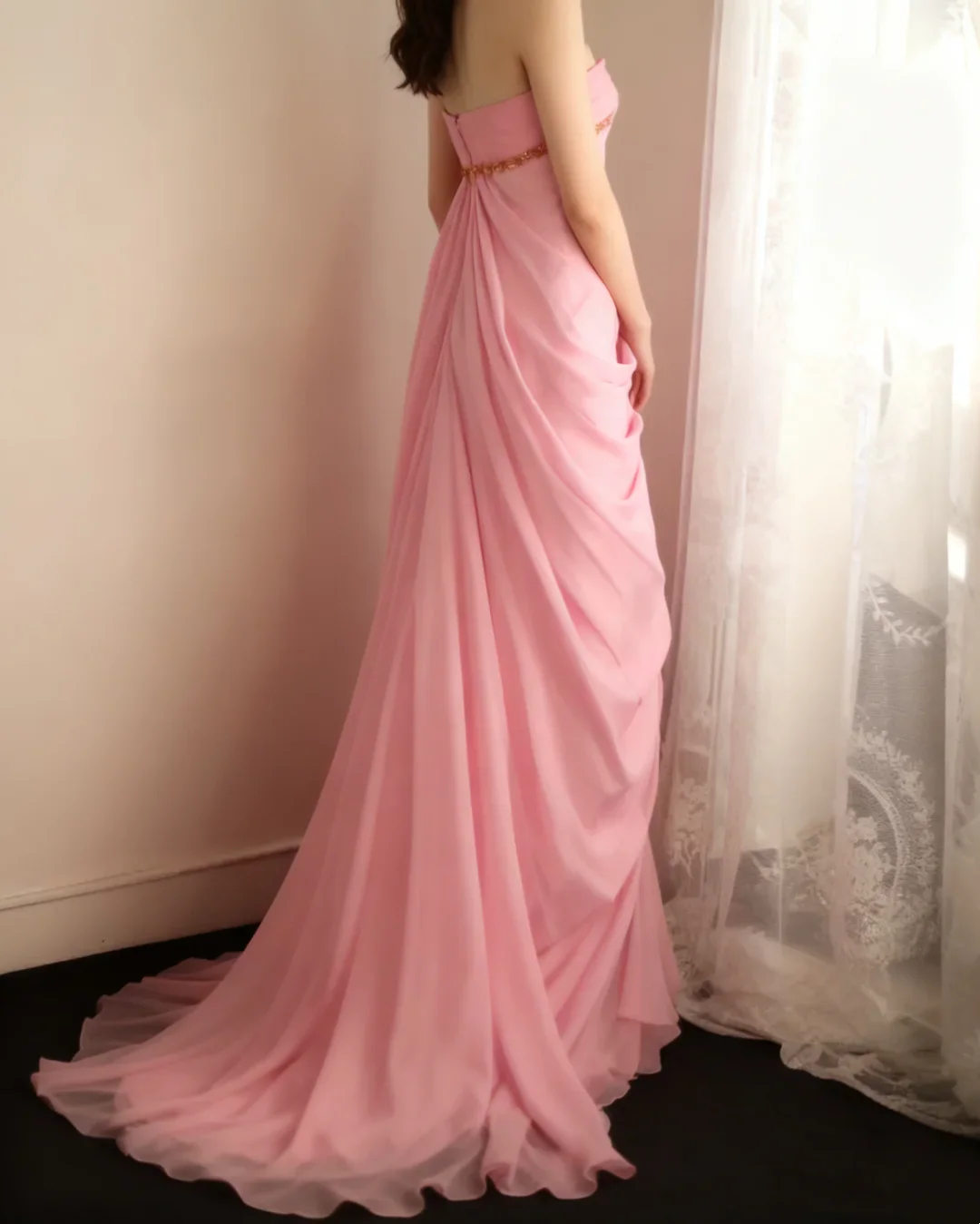 Halter Neck Beaded Chiffon Prom Dress with Draped Skirt, Keyhole Cutout and Train