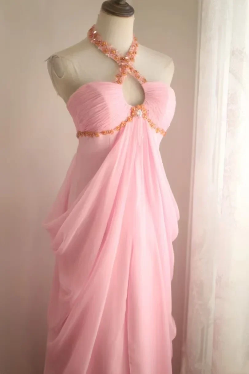 Halter Neck Beaded Chiffon Prom Dress with Draped Skirt, Keyhole Cutout and Train