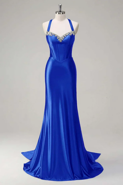 Halter Neck Beaded Satin Mermaid Prom Dress with Crisscross Back and Train