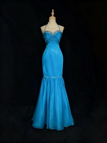 Halter Neck Beaded Satin Mermaid Prom Dress with Ruffled Skirt and Back Tie
