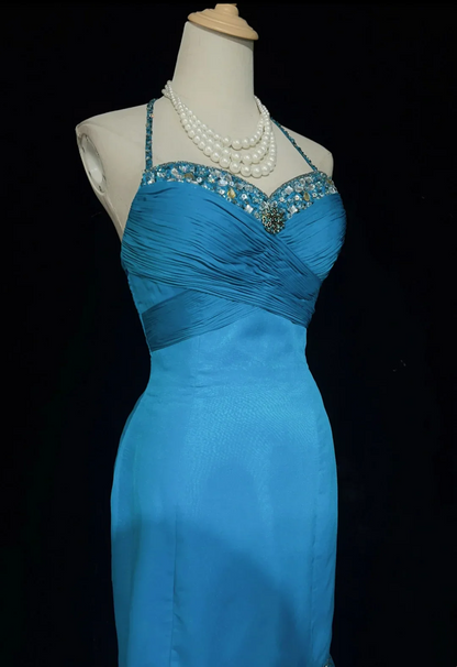 Halter Neck Beaded Satin Mermaid Prom Dress with Ruffled Skirt and Back Tie