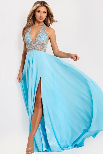 Halter Neck Crystal Embellished High Slit Sky Blue Chiffon A Line Prom Dresses