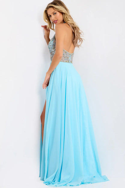 Halter Neck Crystal Embellished High Slit Sky Blue Chiffon A Line Prom Dresses