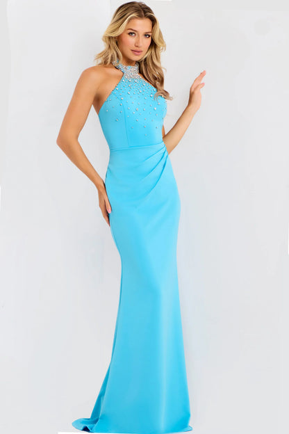 Halter Neck Crystal Embellished Ruched Waist Low Back Sky Blue Crepe Mermaid Sweep Train Prom Dresses