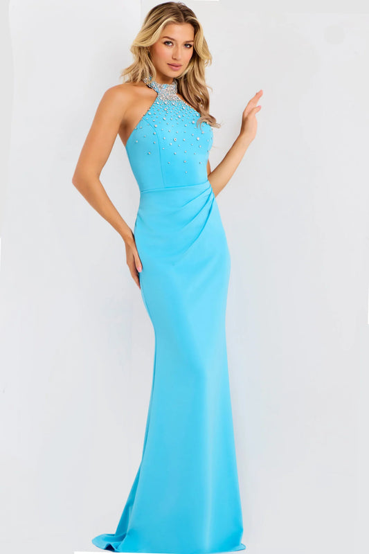 Halter Neck Crystal Embellished Ruched Waist Low Back Sky Blue Crepe Mermaid Sweep Train Prom Dresses