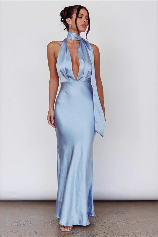 Halter Neck Deep V Detachable Scarf Open Back Sky Blue Satin Mermaid Prom Dresses