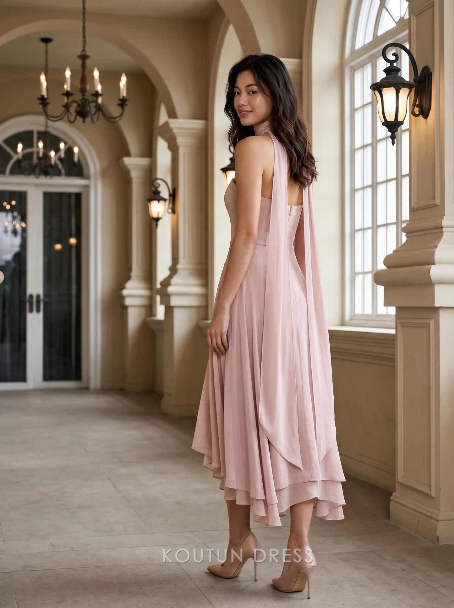Halter Neck Flowing Chiffon Asymmetrical Hem Midi Prom Dress