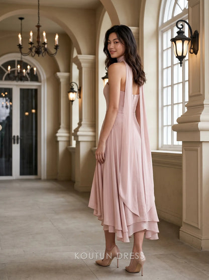 Halter Neck Flowing Chiffon Asymmetrical Hem Midi Prom Dress