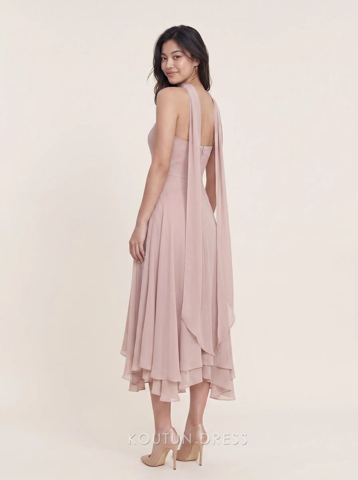 Halter Neck Flowing Chiffon Asymmetrical Hem Midi Prom Dress