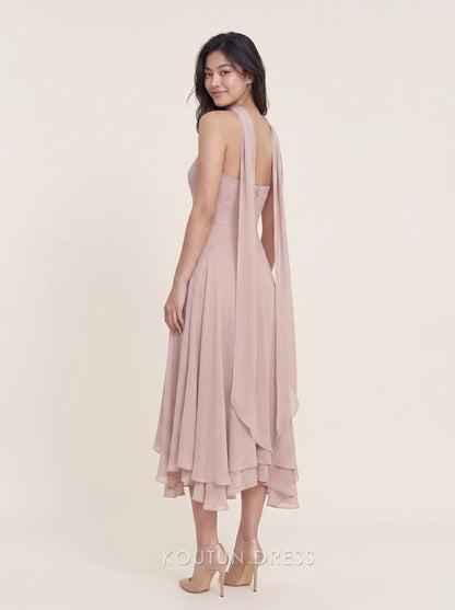 Halter Neck Flowing Chiffon Asymmetrical Hem Midi Prom Dress