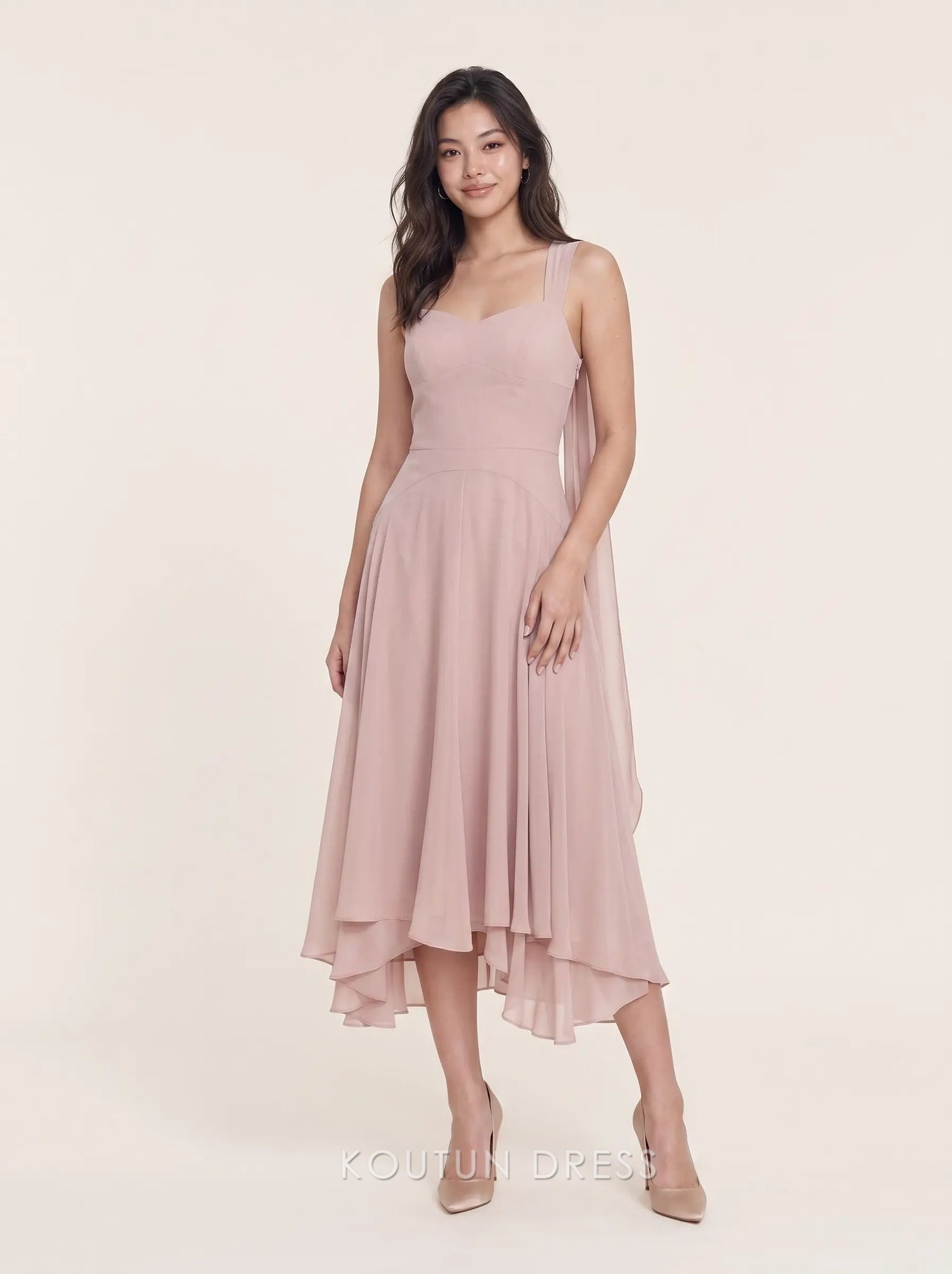 Halter Neck Flowing Chiffon Asymmetrical Hem Midi Prom Dress