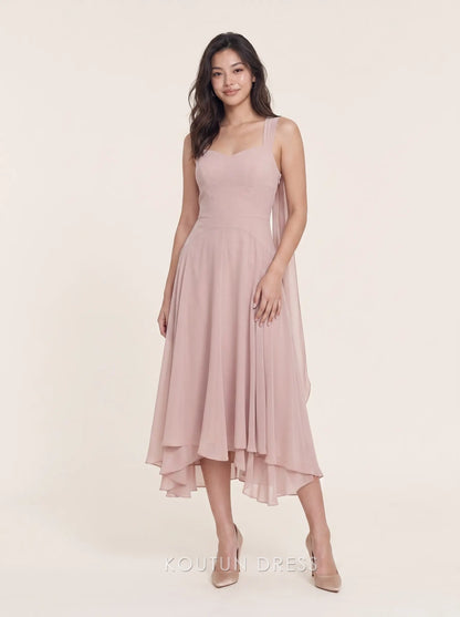 Halter Neck Flowing Chiffon Asymmetrical Hem Midi Prom Dress