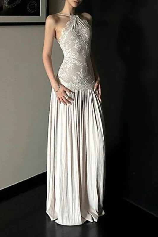 Halter Neck Ivory Lace & Satin Maxi Evening Dresses with Sheer Lace Bodice and Pleated Floor-Length Skirt