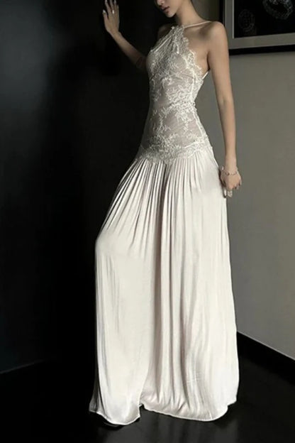Halter Neck Ivory Lace & Satin Maxi Evening Dresses with Sheer Lace Bodice and Pleated Floor-Length Skirt