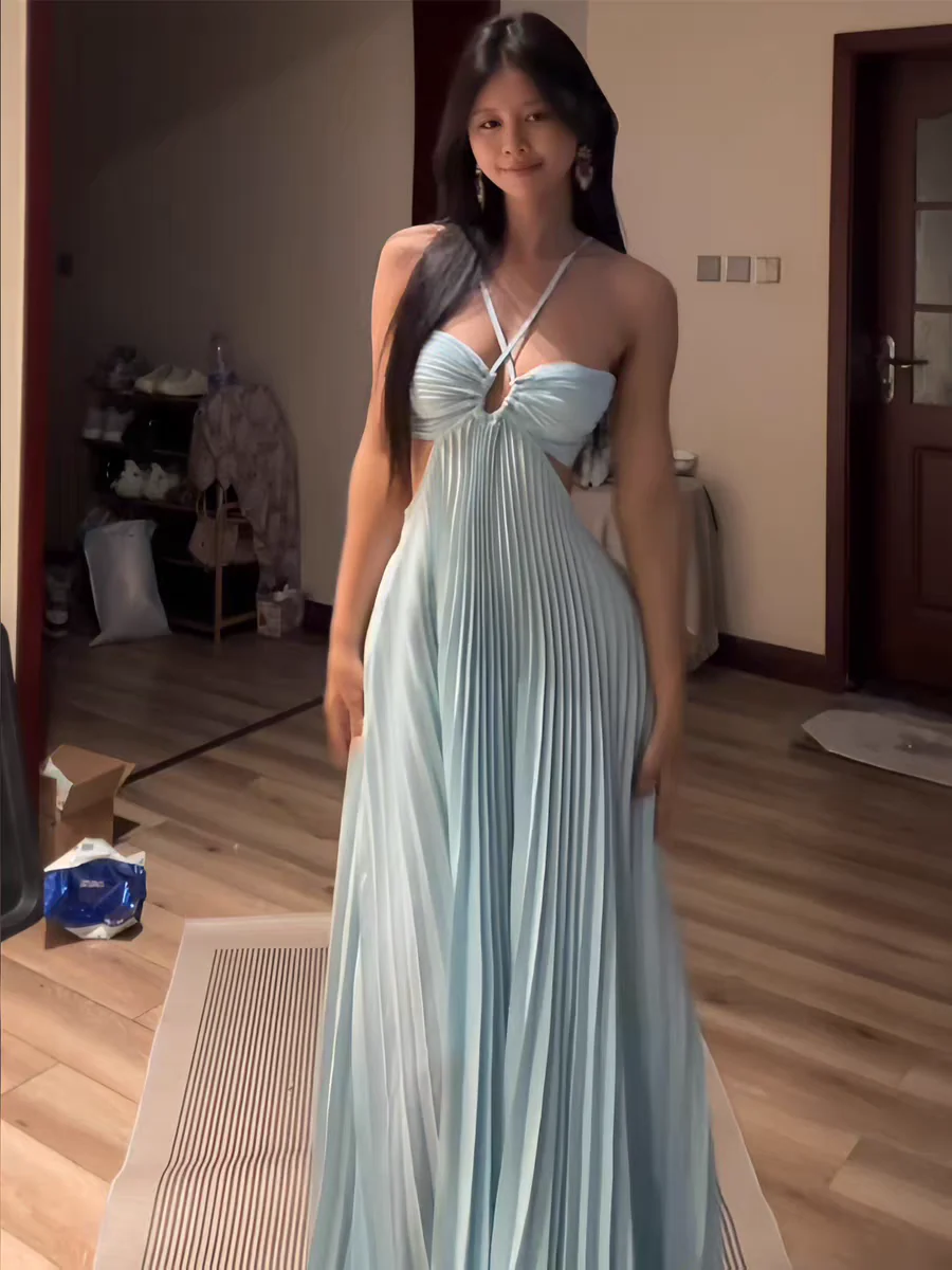 Halter Neck Pleated Maxi Prom Dress with Cutout Detail and Flowy Skirt