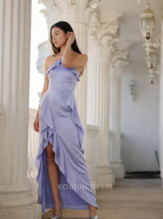Halter Neck Sleeveless Tie Back Satin Asymmetrical Ruffle High Slit Floor Length Maxi Prom Dress