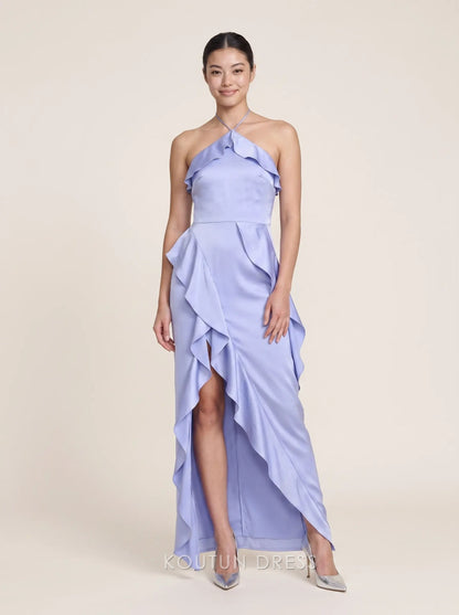 Halter Neck Sleeveless Tie Back Satin Asymmetrical Ruffle High Slit Floor Length Maxi Prom Dress