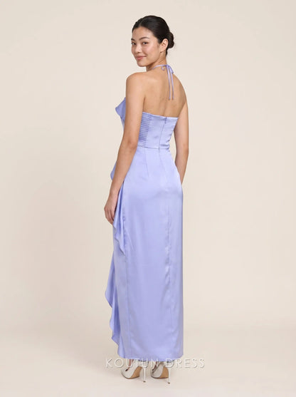 Halter Neck Sleeveless Tie Back Satin Asymmetrical Ruffle High Slit Floor Length Maxi Prom Dress